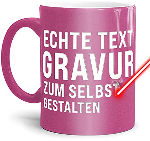 PR Print Royal Metallic Tasse mit Gravur selbst gestalten - mit eigenem Wunschtext oder Wunschname gravieren - Edle Keramiktasse in Metallic-Rosa - 300 ml | Personalisierte Lasergravur