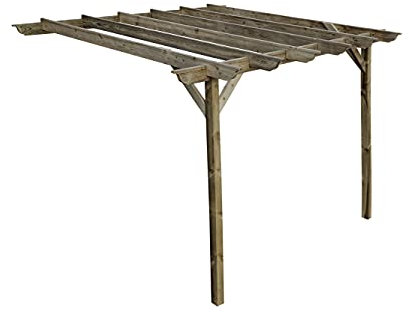 Wooden Garden Lean-to Pergola Kit - Longhorn Design Wall-Mounted Shade Gazebo (3m x 4.2m, Rustic Brown)