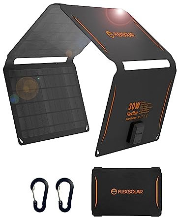 FlexSolar Chargeur de Panneau Solaire Portable 30 W, étanche IP67 Panneau Solaire Pliable avec port USB A/C QC2.0/PD 2.0 Compatible avec Smarthone, Banque d'alimentation pour camping