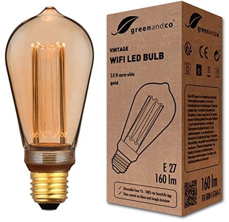 greenandco Smart WiFi Vintage Design LED Lampe | E27 ST64 | 3,8W 160lm | 1800K | 320° | 230V | flimmerfrei | dimmbar | kompatibel mit Alexa und Google Assistant | WLAN (ohne Hub)