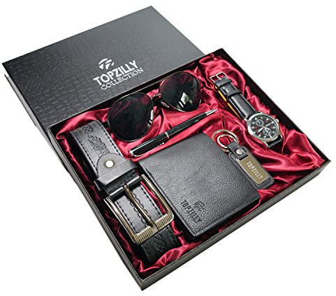 Topzilly Gift Set Men's Premium Leather Quartz Wrist Watch Belt Keyring Sunglasses Wallet Pen Valentine's Day, Father’s Day, Christmas Birthday Present for Him, Luxury Gift for Husband