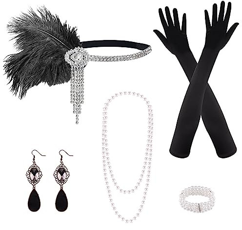 PLULON 8-teiliges 1920er Flapper Great Gatsby Accessoires-Set Fashion Roaring 20's Theme Set mit Stirnband, Kopfbedeckung, langen schwarzen Handschuhen, Halskette, Ohrringen für Damen (Stil 3)