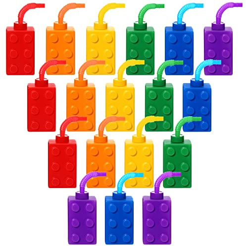 Building Blocks Cups 10 oz Reusable Brick Party Kids Cup Plastic Party Cups with Lids and Straws for Block Birthday Party Supplies and Favors (18 Set)
