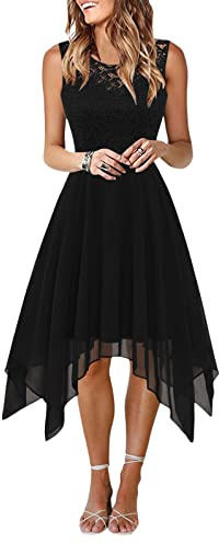 Onsoyours Robe de Cocktail Femme Longue Robes Soirée en Dentelle Mousseline de Soie Robes Chic Elégant sans Manches Sexy Robe Asymétrique A Noir 3XL