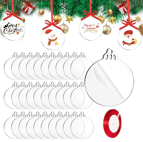 TAIANJI 30 Stück Acrylscheibe Weihnachtskugel Acrylscheibe, Deko Anhänger Christmas, Acryl Weihnachtskugeln mit Rotem Seil, Durchsichtig Runde Anhänger für Ornaments DIY Kit