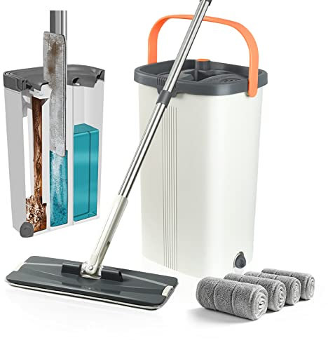 Jelymark Flacher Wischmopp und Eimer mit Auswringer-Set, trennt schmutziges und sauberes Wasser, 3-Kammer-Mopp nass und trocken, freihändige Quetschmopps für Bodenreinigung, 4 Wiederverwendbare