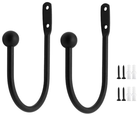 Hitopin 2PCS Metal Curtain Holdback Hooks Decorative Drapery Holdbacks Hooks Round Head U Style Metal Curtain Holdbacks Hooks Wall Mounted Curtain Tie Backs Hooks, for Fixed Curtain (Black)