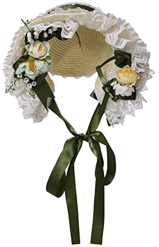 COSDREAMER Girls Women Victorian Bonnets Lace Flowers Tea Party Hats (Green)