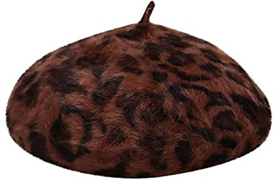 Cockjun Damen Mode Lässig Plüsch Print Leopard Warm Dome Baskenmütze Mode h Baskenmütze Braun Braun