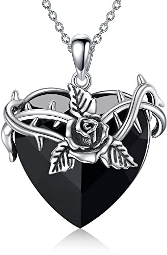 URONE Rose Blume Halskette Sterling Silber Schwarze Rose Herz Anhänger mit Kristall Gotik Rose Schmuck Geschenke für Frauen Mutter Sie