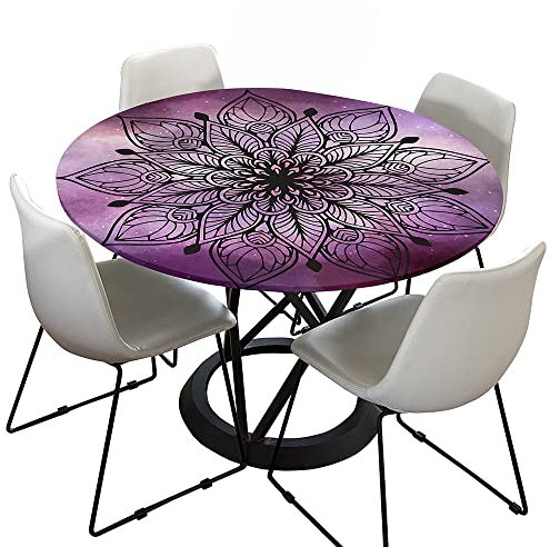 Morbuy Rund Tischdecke Elastisch, Lotuseffekt Tischdecke Abwaschbar Tischdecken Mandala Drucken Gartentischdecke Indoor Outdoor Tischtuch (Durchmesser 100cm,Lila)