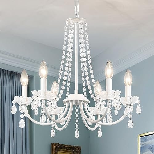 ASHUAQI Lámpara De Araña Cristal, 6 Luces Lamparas De Techo Salon, E14 Lampara Colgante de Vela Clásica Moderna, Lampara Vintage Techo Para Dormitorio, Cocina, Comedor, Pasillo, Entrada, Blanca