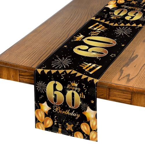 Artoid Mode 60 Geburtstag Schwarz Gold Happy 60th Birthday Tischläufer, Feier Dekoration Küche Tisch Draußen Drinnen Urlaub Party Dekor 40x140 cm