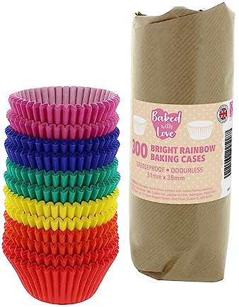 Baked With Love Bright Rainbow Cupcake Cases - 300-50mm Baking Cups, Red, Blue, Green, Yellow, Purple, Orange, Greaseproof Paper Cases for Muffins and Cupcakes, Bulk Pack of 300
