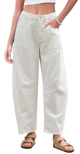GREAIDEA Mid Rise Barrel Jeans für Damen, mittlere Taille, weites Bein, kurze Denim-Hose, Y2k, Baggy-Boyfriend-Jeans mit Taschen, Weiss/opulenter Garten, Groß