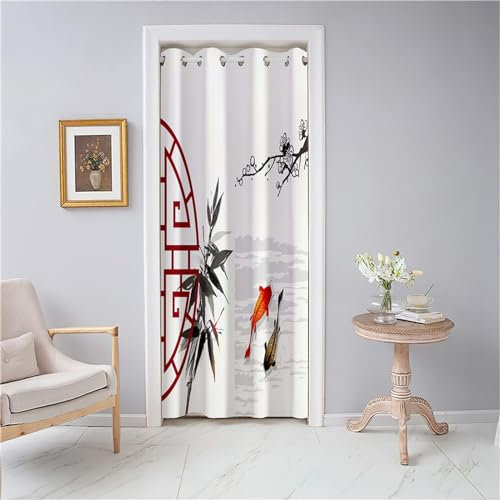 Odot Rideaux de Porte à Oeillets, Motif Feuilles de Bambou Rideau de Porte Interieur Occultant Rideau de Séparation de Pièce Rideau de Porte à Isolation Thermique (80x180cm,Carpe Koï)