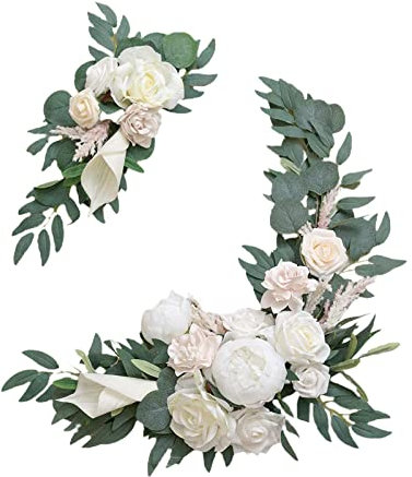 CDQL 2-teiliges Hochzeits-Willkommensschild mit Blumendekoration – Künstliche Blumengirlande, Hochzeitsbogen-Dekoration – Hochzeitsblumengirlande für Hochzeitszeremonie und (Weiß)