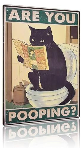 GOLRISEN Cartel de Baño Divertido, Cartel Decorativo de Aseo Vintage con Motivo de Gato Negro y Palabras en Inglés ARE YOU POOPING Letrero de WC Divertido para Casa Hotel Bar Restaurante Cafetería