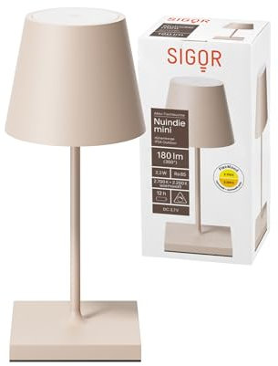 SIGOR Nuindie 2.0 mini - Dimmbare kleine LED Akku-Tischlampe Indoor & Outdoor, IP54 spritzwassergeschützt, Höhe 25 cm, aufladbar mit USB-C, 12 h Leuchtdauer, dünenbeige