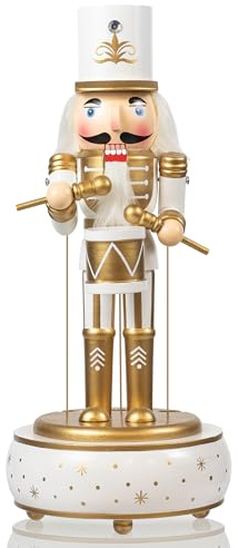 KI Store Spieldose Skulptur nussknacker Figur Gold Weiss 32cm Handgemalte Schlagzeuger Nußknacker Musikdosen, spieluhr, Spieluhren, musikbox, Musikspieldose für Weihnachten, Tisch deko Geschenk