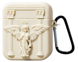 Reownest Kompatibel mit AirPods-Hülle, 3D-Engelsstatue, Retro-Muster, für Mädchen und Frauen, weiches Silikon, stoßfest, Schlüsselanhänger, Design für Airpods 1 und 2, Weiß