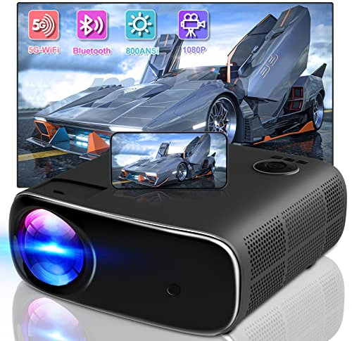 Proiettore WiFi Bluetooth 800ANSI Lumen, 4K Supportato, 1080P Full HD Videoproiettore 5G WiFi Bluetooth Home Cinema per HDMI/USB/AV/VGA/Laptop/Smartphone