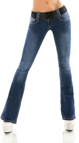 Zeralda Fashion Damen Hüft Jeans Hose Bootcut Schlag Slimfit Strtech Denim inkl. Gürtel XS S M L XL (DE/NL/SE/PL, Alphanumerisch, M, Regular, Regular, Dunkelblau-937)