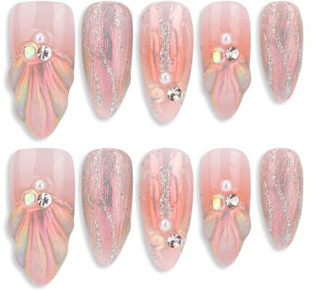 Handmade Press On Nails, ATIMORY 3D Mermaid Aura Shell Press-On Nail, Medium Long Almond Oval False Nail Tips Almond False Nails 10 Pcs Reusable with Nail Tool (L)