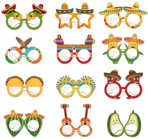 Satiskid 12 PCS Mexican Fiesta Party Decorations Paper Eyeglasses, Cinco De Mayo Glasses Mask, Taco Chili Cactus Avocado Sombrero Eyewears for Mexican Party, Fiesta Carnival Party Photo Props
