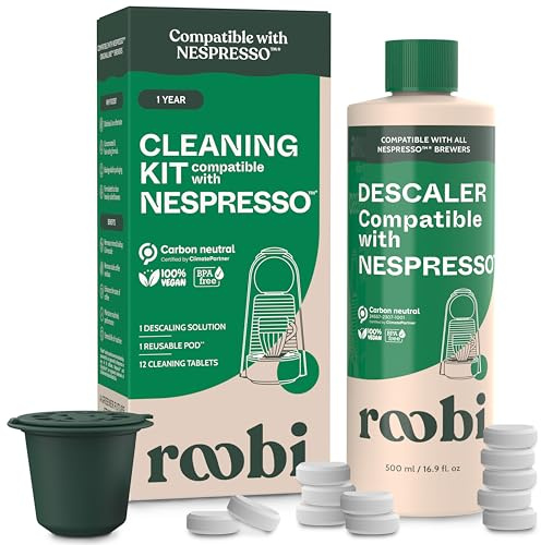 Roobi Entkalkungs- und Reinigungsset kompatibel mit Nespresso Original Line Enthält 1 Flasche Entkalkungslösung, 12 Reinigungstabletten und 1 wiederverwendbare Pod. klimaneutral 1 Jahr Vorrat
