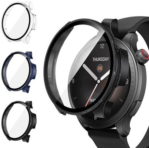 Neitra 3 Stück Hülle für Amazfit Balance 46mm, Hart PC Bumper Case mit HD Gehärtetes Glas Displayschutz Folie, Vollständige Abdeckung Kratzfest Ultradünn Schutzhülle für Amazfit Balance 46mm