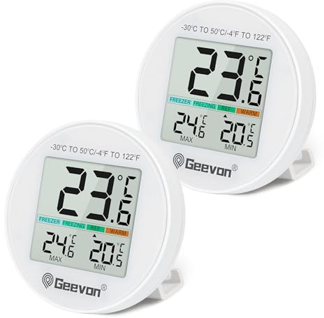 Geevon Termómetro para nevera, mini LCD digital, IP65 impermeable, función de indicador de temperatura del refrigerador, parte trasera magnética de soporte, registro mínimo máximo, termómetros de
