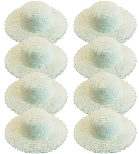Hperu 8Pcs DIY Unpainted White Straw Hat Kids, Handmade Cap Beach Sun Tea Party Dress Up Cap for Craft Classes Art Painting Girl Toys