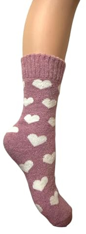 Jess & Lou Ribbed Socks Cosy Warm Fluffy Soft Wool Blend Colourful Pattern Loungewear Cute Patterns (UK, Alpha, One Size, Regular, Regular, Pink Hearts)