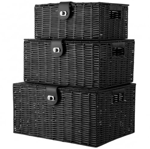 TOPVALEUR Set of 3 Resin Woven Bathroom Storage Baskets - Large Storage Box with Lid, Bedroom Storage Baskets, Bathroom Organiser, Wicker Basket with Lid, Blanket Box, Small Storage Box (BLACK)