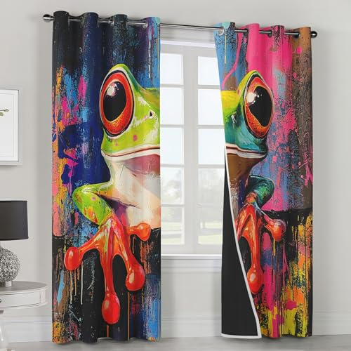 Generisch Vorhänge Graffiti Frosch, Bunt Abstrakt Straßenkunst Vorhang Blickdicht mit Ösen, Gardinen Wohnzimmer Schlafzimmer Deko, Verdunklungsvorhänge 2er Set, 245 x 140 cm (H x B) K12