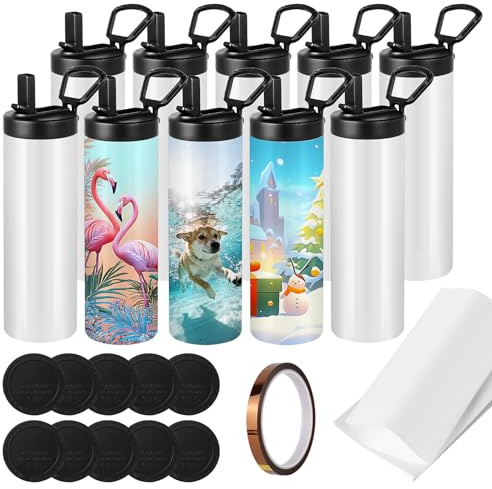 ASMIZ 10 Pack 20 oz Sublimation Water Bottle Blanks, White Stainless Steel Skinny Tumblers with Handle – Straight & Polymer Coated for Heat Press DIY, Personalised Gifts (Includes Shrink Wrap) (10)