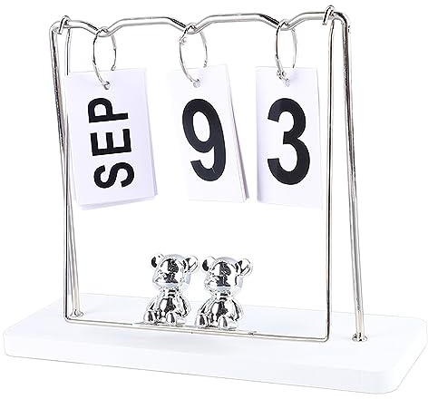 Qudinip Little Bear Ewiger Flip-Kalender, Täglicher Flip-Kalender aus Metall und Holz, Wiederverwendbar, mit Stabilem 4-Bein-Ständer und Hängeschaukel-Design, für Büro, Zuhause, (Weiße Schaukel)