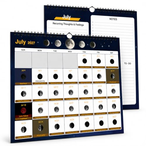 2026-2027 Moon Phase Wall Calendar Jul 2026-Dec 2027, 18-Month Lunar Calendar, 14 x 11.5 in, Daily Moon Phases, Double-Sided Monthly Planner with Notes & To-Do Pages, Black Wire Bound