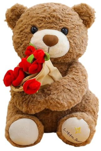 QuidToyzian Ours en Peluche Doux avec Rose 30cm - Cadeau Anniversaire Fille & Femme, Idée Saint-Valentin, Jouet Tendre pour Enfants & Adultes, Baby Shower