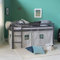 Homestyle4u 1875, Hochbett 90x200 Kinder Kinderbett 90x200 mit Rausfallschutz Treppe Bettgestell Kiefer Holz Vorhang Grau Sterne