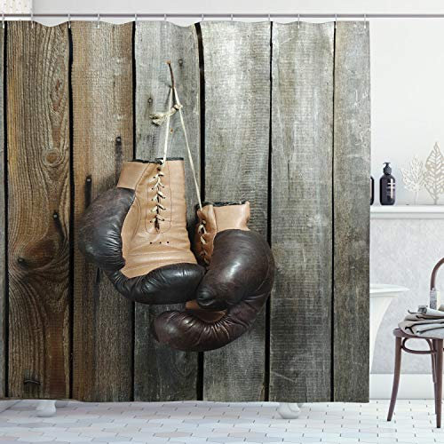 ABAKUHAUS Braun und Grau Duschvorhang, Vintage Boxhandschuhe, Stoffliches Gewebe Badezimmerdekorationsset mit Haken, 175 x 200 cm, Braun und Grau