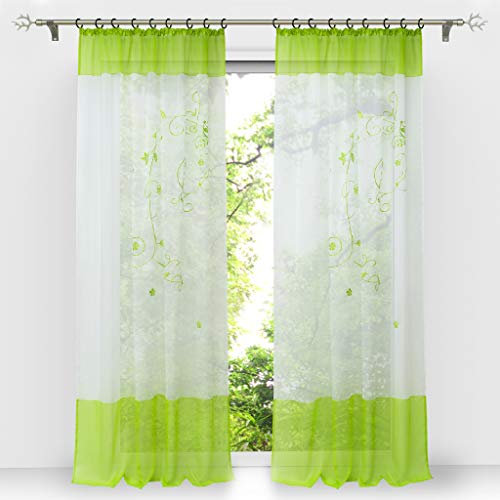 HongYa 1 Stück Bestickte Gardine Transparenter Voile Vorhang Fensterschal mit Kräuselband H/B 270/140 cm Grün
