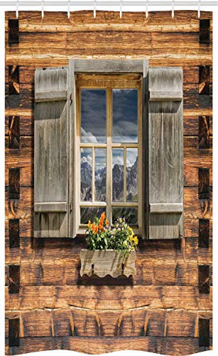 ABAKUHAUS Rustikal Schmaler Duschvorhang, Blick vom Berghütte, Badezimmer Deko Set aus Stoff mit Haken, 120 x 180 cm, Braun Grün
