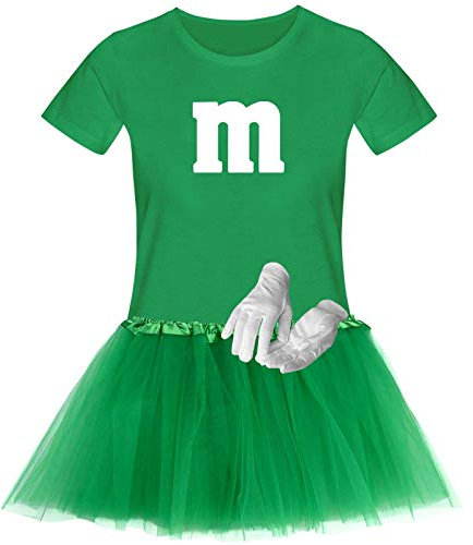 T-Shirt M&M + Tüllrock Karneval Gruppenkostüm Schokolinse 11 Farben Damen XS-3XL Fasching Verkleidung M's Fans Tanzgruppe, Gr.:XL, Farbauswahl:grün - Logo Weiss (+Handschuhe Weiss/Tütü grün)
