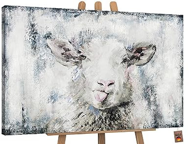 YS-Art XXL Abstrakt Acryl Gemälde auf Leinwand glückliches Schaf handgemalt Wandbilder Wohnzimmer moderne Design Bilder grau blau rosa echte Kunst 140x100 cm