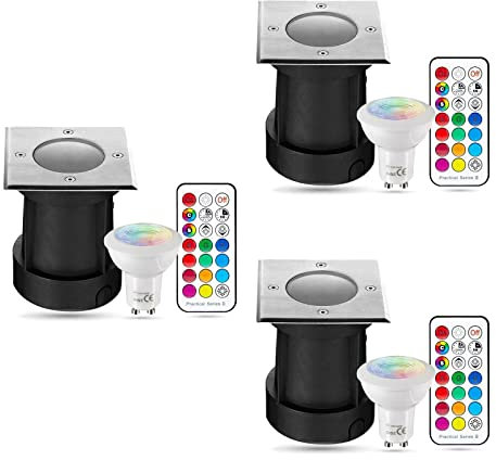 LongLife LED Bodeneinbaustrahler eckig Set 3x Gartenstrahler 230V IP67 GU10 3W RGBW ink. IR Fernbedienung Gartenleuchte für die Bodenmontage Außenbereich Befahrbar