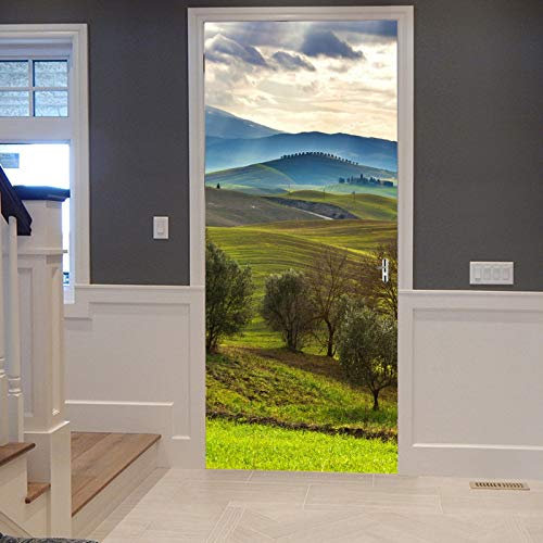 A.Monamour Türtapete Selbstklebend Türfolie Türposter 3D Grüne Berg Hügel Bäume Ländliche Feld Naturlandschaft Vinyl Folie Türdeko Tapete Wandbild Türaufkleber Türtattoo 77x200cm