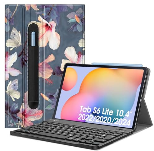 Fintie Tastatur Hülle für Samsung Galaxy Tab S6 Lite 10,4 Zoll 2024/2022/2020 Tablet - Keyboard Cover mit Magnetisch Abnehmbarer Deutscher Bluetooth Tastatur, Hibiskus