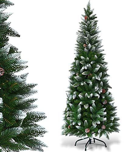 COSTWAY Sapin de Noël Enneigé avec Pommes de Pin, Arbre de Noël Artificiel 220CM, 720 Aiguilles en PVC, Support Métallique pour Maison, Bureau, Magasins(220CM)
